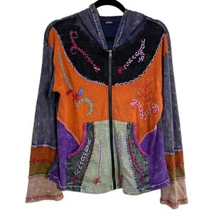 KPC Nepal Patchwork Embroidered Hoodie Jacket Large Boho Hippie Festival Fairy
